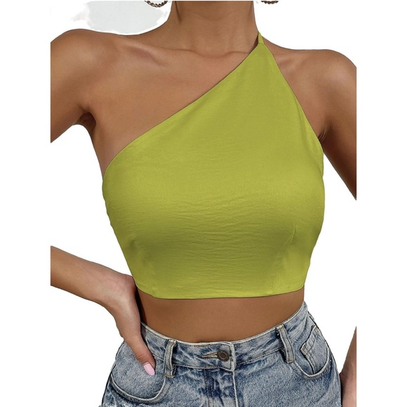 Shein Women Tops Sexy Plain One Shoulder null Olive Green & Blue NWOT - Picture 7 of 12